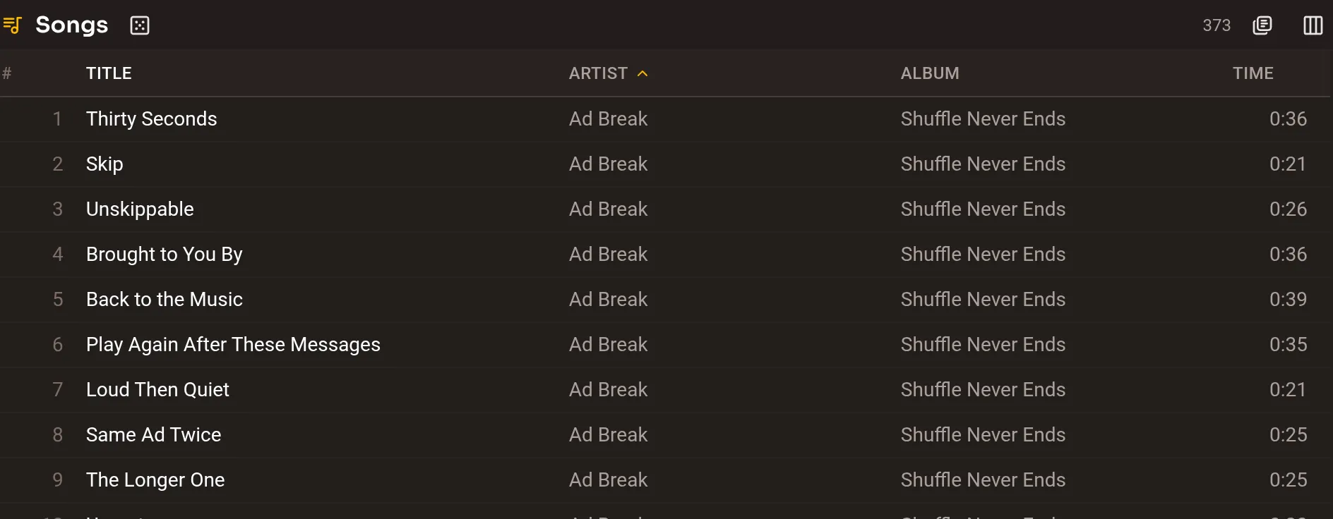 The song list showing sortable Title, Artist, Album, and Time columns.