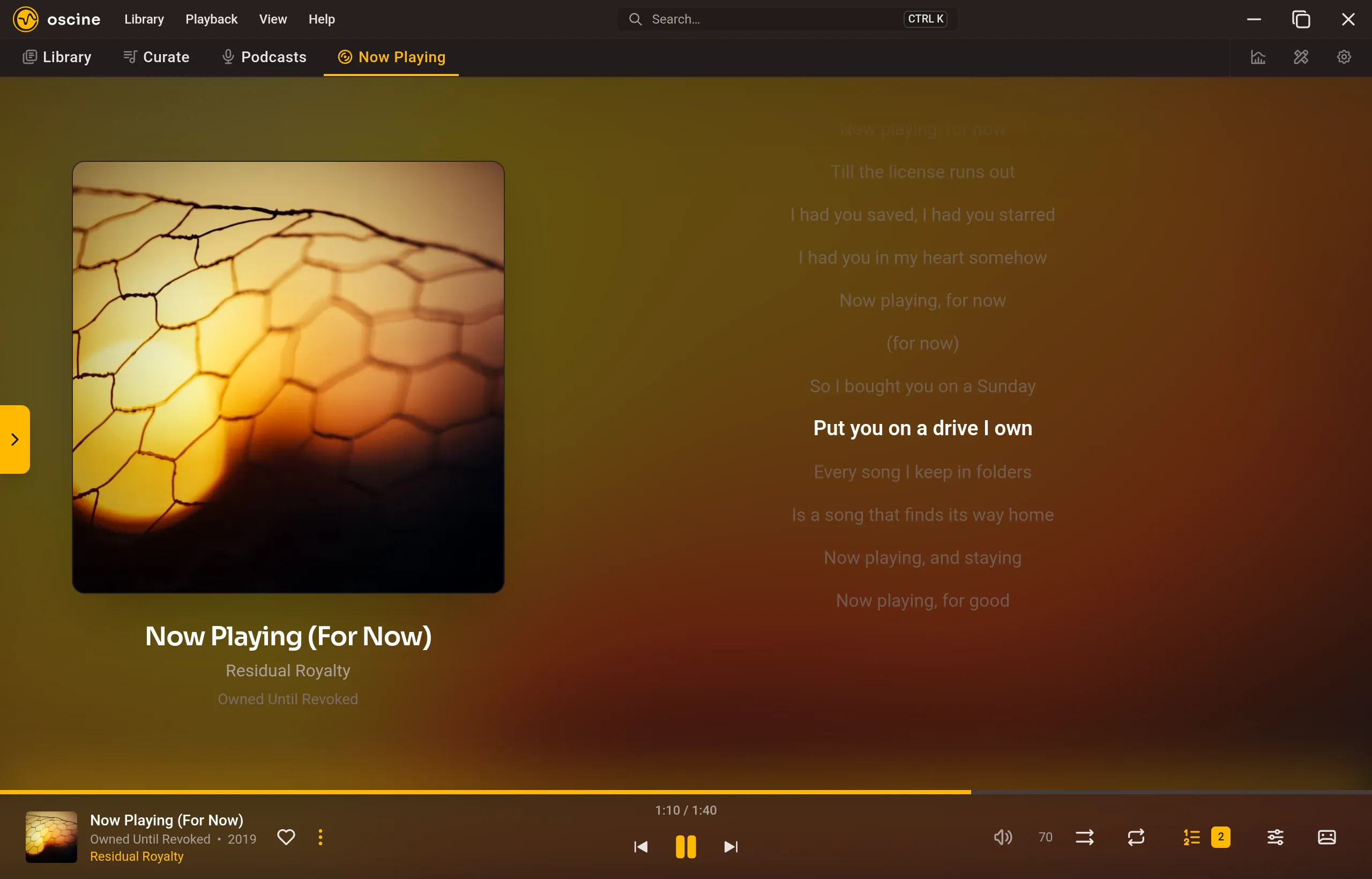 Now Playing filling the window with album art, a waveform ribbon, and synced lyrics.