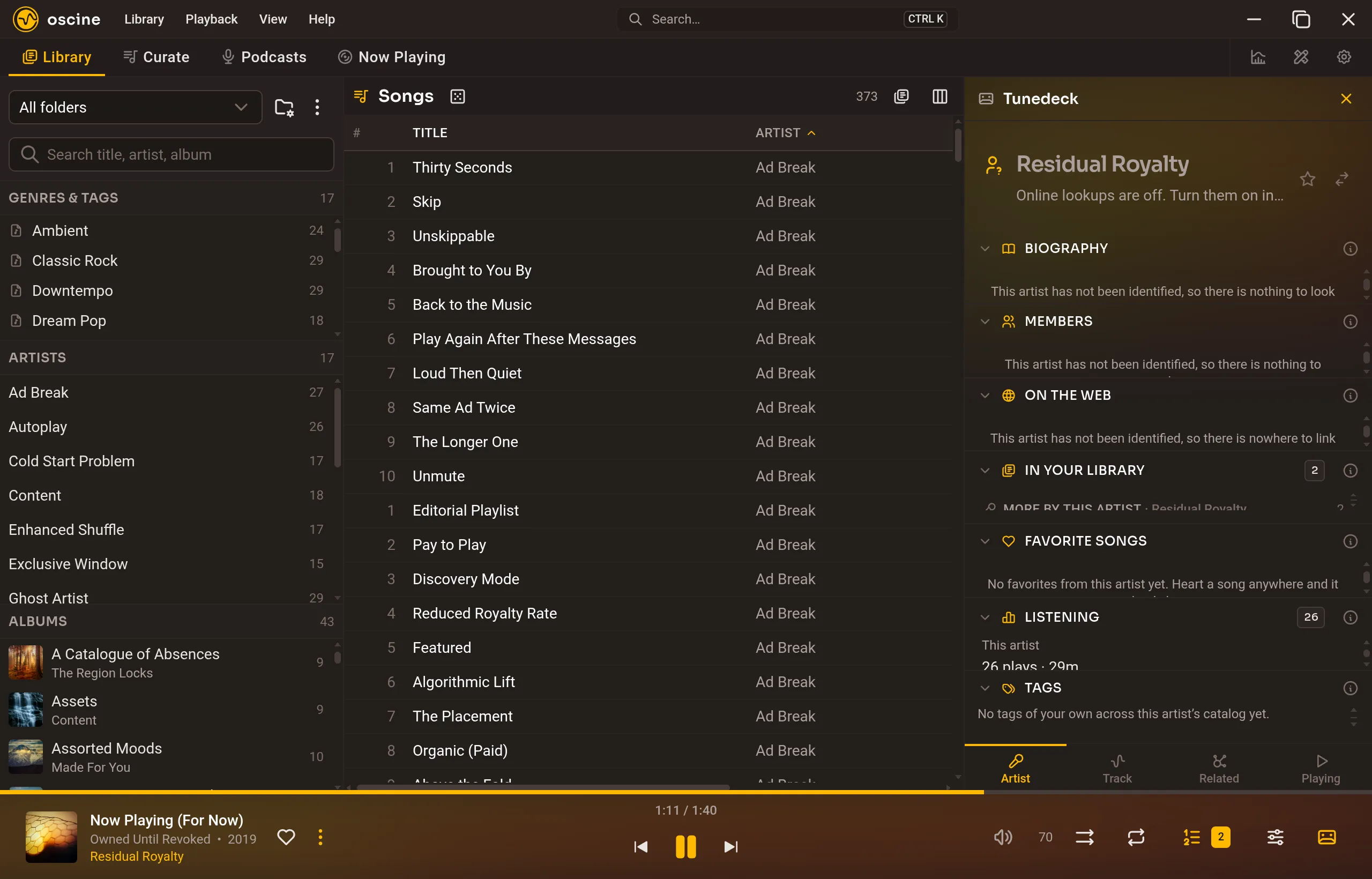 The right-hand drawer open on the Artist tab beside the song list.